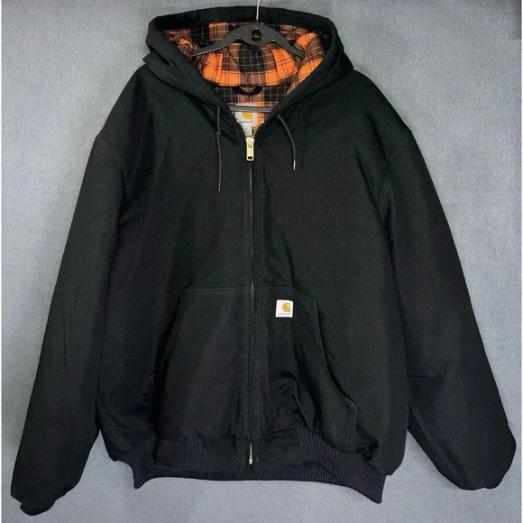 Carhartt Other - Carhartt Hooded Duck Jacket XL Black Huntsman Quilted Lined Blaze Orange Plaid